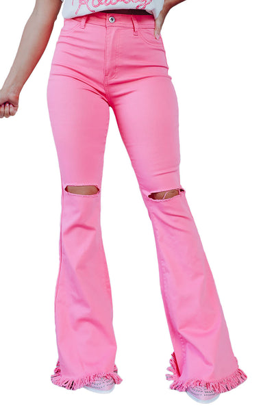 Pink Vintage High Waist Flare Leg Ripped Raw Hem Jeans-Bottoms-MomFashion