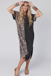 Black Contrast Solid Leopard Short Sleeve T-shirt Dress with Slits-Dresses-MomFashion