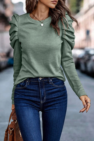 Green Buttoned Puff Long Sleeve Sheath Top-Tops-MomFashion