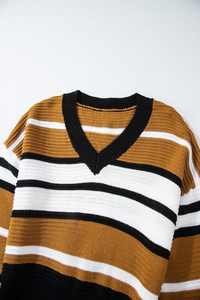 Brown Stripe Contrast Stripes V Neck Textured Knit Sweater-Tops-MomFashion