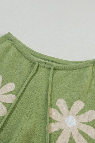 Green Flower Print Bubble Sleeve Knitted Sweater and Shorts Set-Loungewear-MomFashion