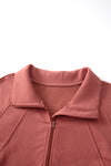 Brown Zip Up Stand Collar Ribbed Thumbhole Sleeve Sweatshirt-Tops-MomFashion