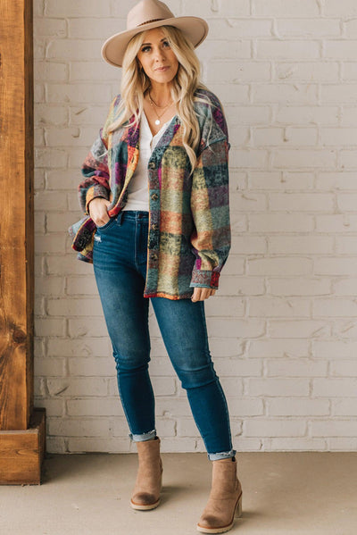 Multicolor Brushed Checked Western Buttoned Jacket-Outerwear-MomFashion