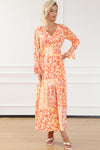 Orange Boho Floral Wrap V Neck Tie Long Sleeve Dress-Dresses-MomFashion