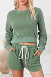 Green Fleece Two-piece Cropped Pullover and Shorts Set-Loungewear-MomFashion