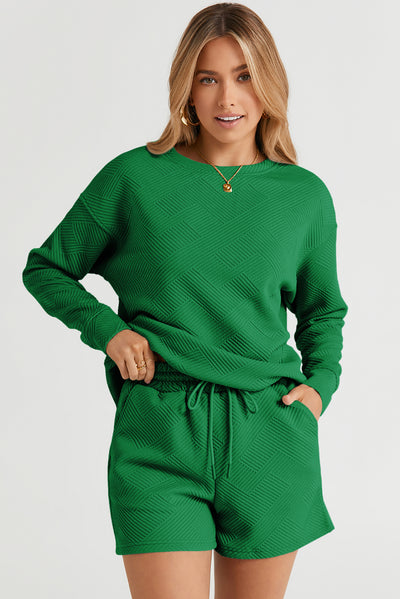 Green Textured Long Sleeve Top and Drawstring Shorts Set-Loungewear-MomFashion