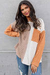 Orange Long Sleeve Colorblock Chest Pocket Textured Knit Top-Tops-MomFashion