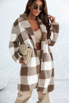 Brown Plaid Lapel Collar Long Open Front Coat-Outerwear-MomFashion