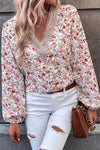 White Floral Long Sleeve Lace V-Neck Blouse-Tops-MomFashion