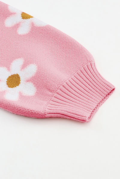 Pink Floral Pattern Drop Shoulder Sweater-Tops-MomFashion