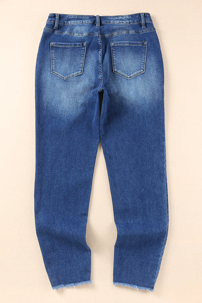 Blue Raw Hem Ankle-length Skinny Jeans-Bottoms-MomFashion