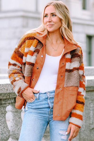 Brown Quilted Patch Pockets Aztec Furry Jacket-Outerwear-MomFashion