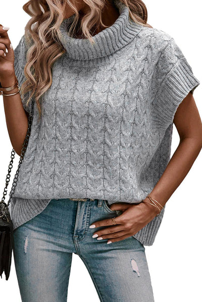 Medium Grey Cable Knit Turtleneck Batwing Sleeve Sweater-Tops-MomFashion