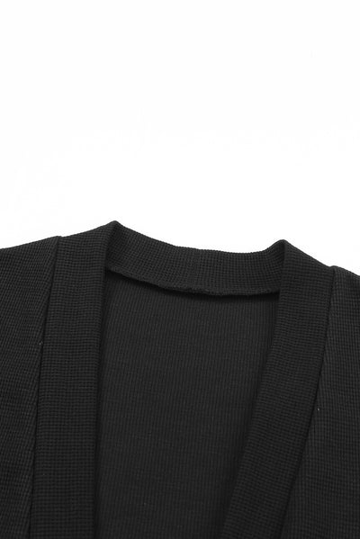 Black Thermal Waffle Knit Pocketed Cardigan-Tops-MomFashion