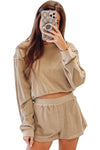 Khaki Piping Trim Long Sleeve Terry Shorts Set-Loungewear-MomFashion