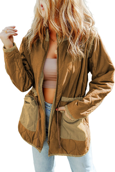 Brown Stitching Quilted Drawstring Jacket-Outerwear-MomFashion