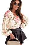 Beige Floral Print Lantern Sleeve V-Neck Blouse-Tops-MomFashion