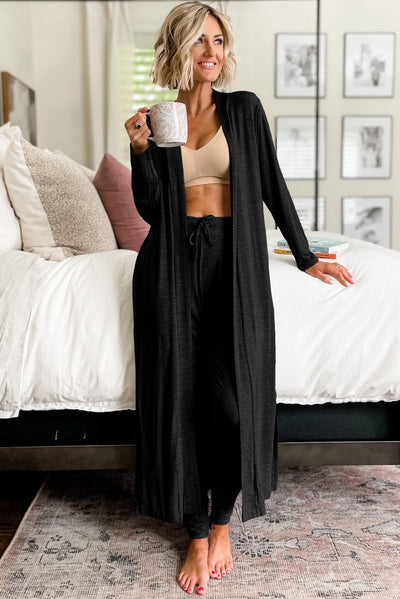 Black Split Long Cardigan and Skinny Pants Lounge Set-Loungewear & Sleepwear/Loungewear-MomFashion