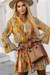 Orange Boho Geometric Print Buttoned V Neck Mini Dress-Dresses-MomFashion