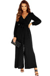 Black Cutout Back Belted V Neck Wide Leg Jumpsuit-Bottoms-MomFashion