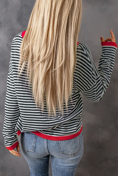 Contrast Trimmed Striped Drop Shoulder Sweater-Tops-MomFashion