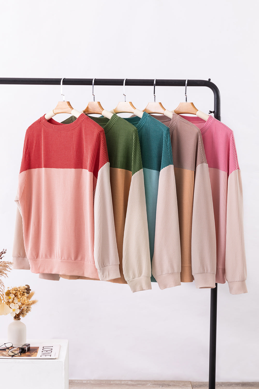Fiery Red Color Block Long Sleeve Ribbed Loose Top-Tops-MomFashion