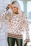 Brown Two-tone Ribbed Trim Contrast Leopard Sweater-Tops-MomFashion