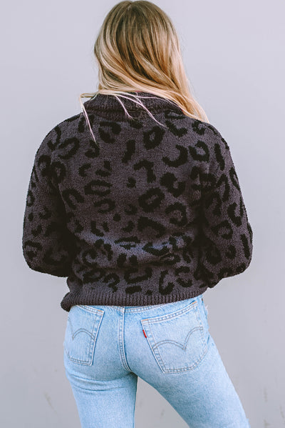 Leopard Animal Print Zipped Collared Sweater-Tops-MomFashion