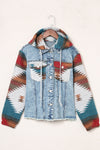 Multicolor Aztec Print Frayed Hem Denim Jacket-Outerwear-MomFashion