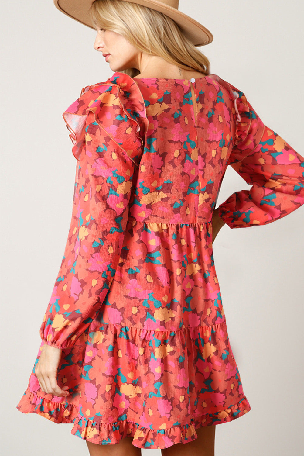 Rose Red Ruffle Shoulder Long Sleeve Floral Mini Dress-Dresses-MomFashion