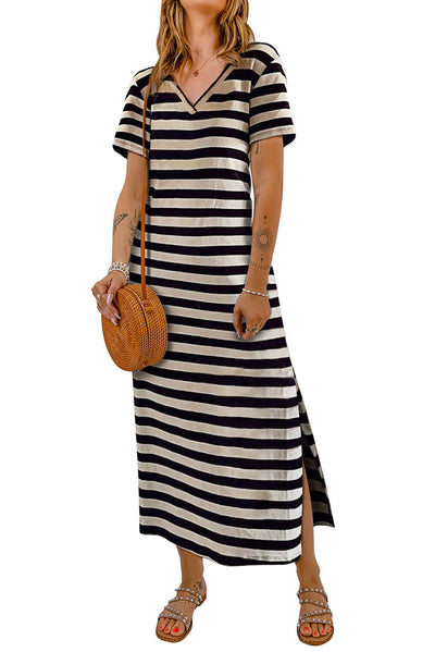 Black Stripe Print V Neck Maxi Dress with Side Splits-Dresses-MomFashion