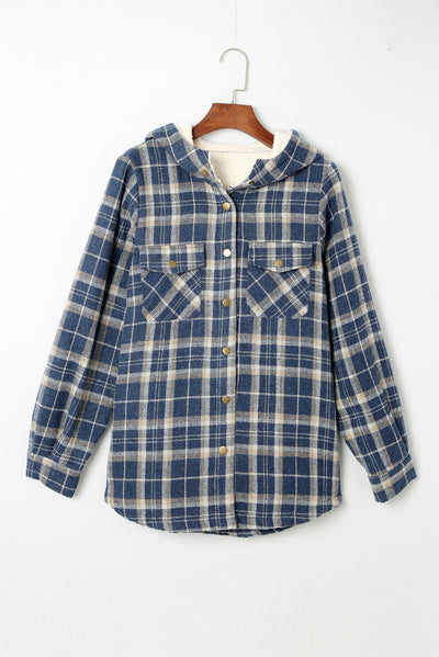 Blue Plaid Pattern Sherpa Lined Hooded Shacket-Outerwear-MomFashion