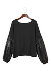 Black Sequin Patchwork Sleeve Open Back Waffle Knit Top-Tops-MomFashion