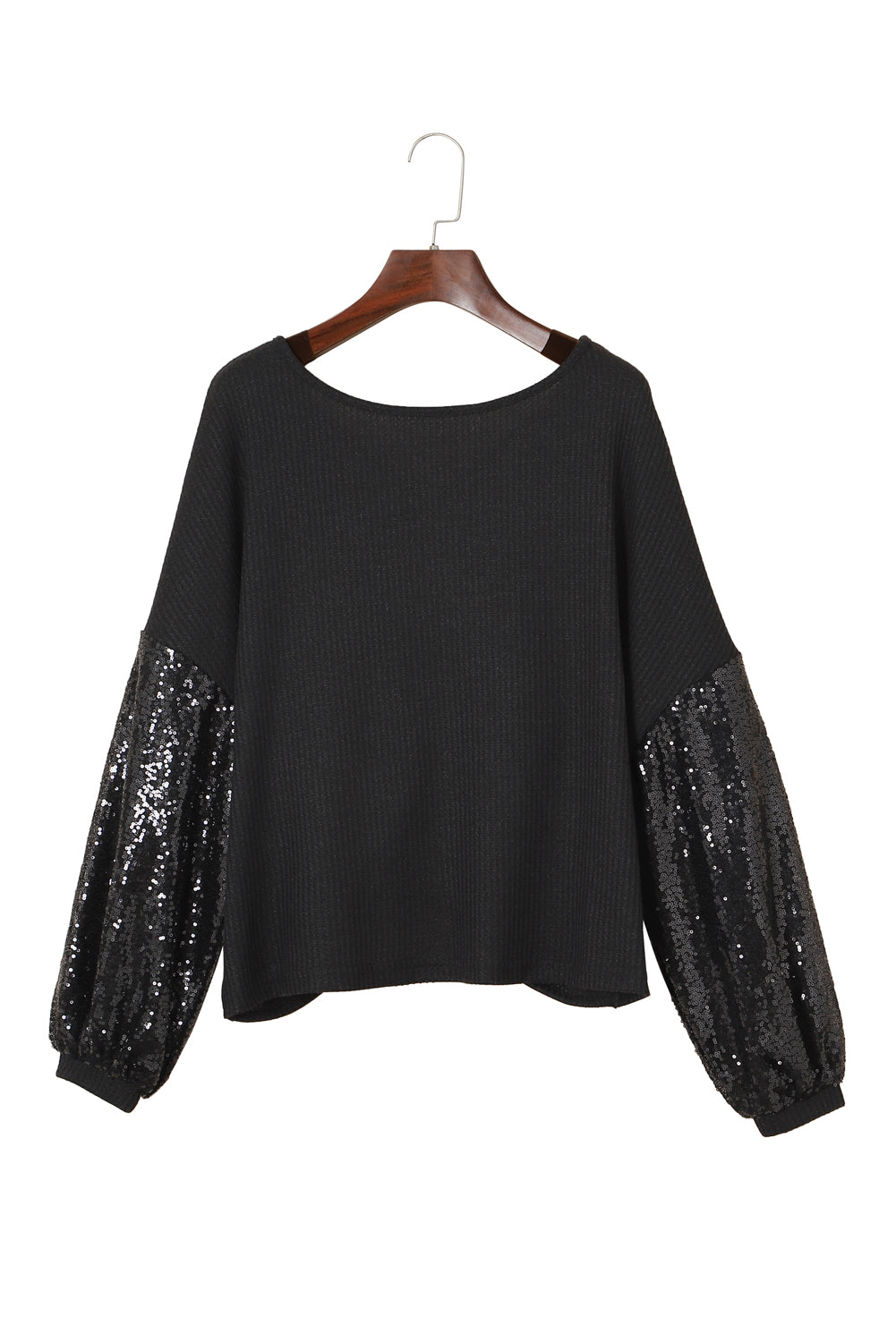Black Sequin Patchwork Sleeve Open Back Waffle Knit Top-Tops-MomFashion