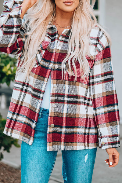 Fiery Red Geometric Plaid Print Pocketed Shacket-Outerwear-MomFashion