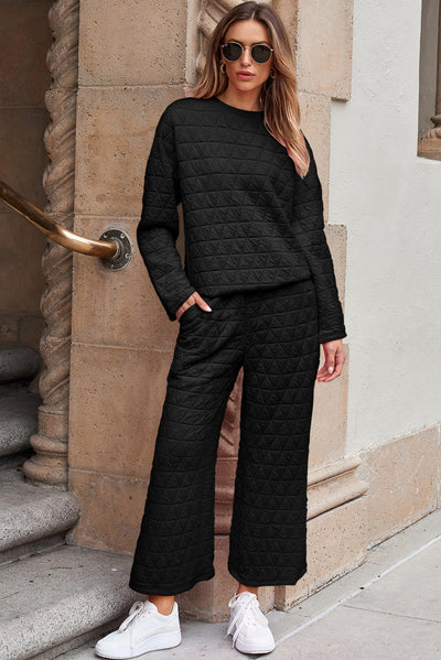 Black Solid Quilted Pullover and Pants Outfit-Loungewear-MomFashion