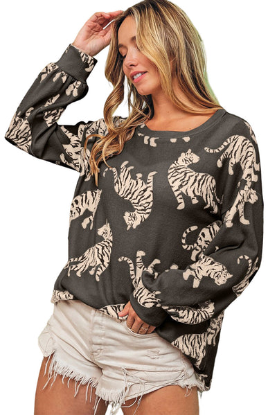 Lively Tiger Print Casual Sweatshirt-Tops-MomFashion