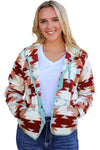 Fiery Red Western Aztec Buttoned Zipper Pockets Fleece Jacket-Outerwear-MomFashion