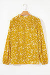 Yellow Plus Size Floral Print Ruched Split Neck Blouse-Plus Size-MomFashion