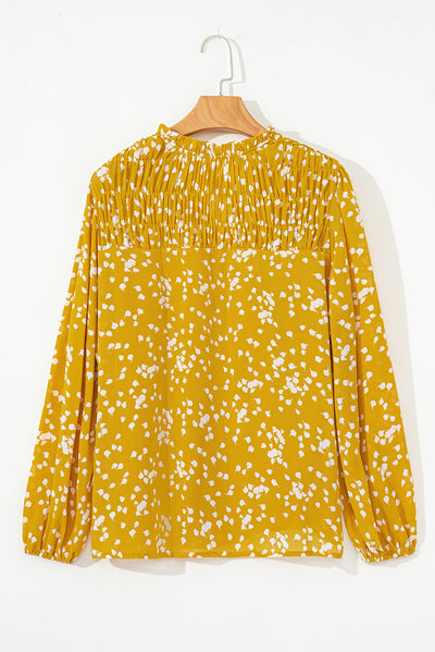 Yellow Plus Size Floral Print Ruched Split Neck Blouse-Plus Size-MomFashion