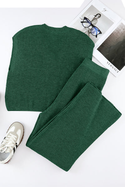 Green Knitted V Neck Sweater and Casual Pants Set-Loungewear-MomFashion