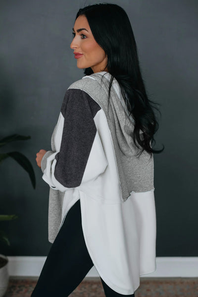 Gray Color Block Exposed Seam Buttoned Neckline Hoodie-Tops-MomFashion