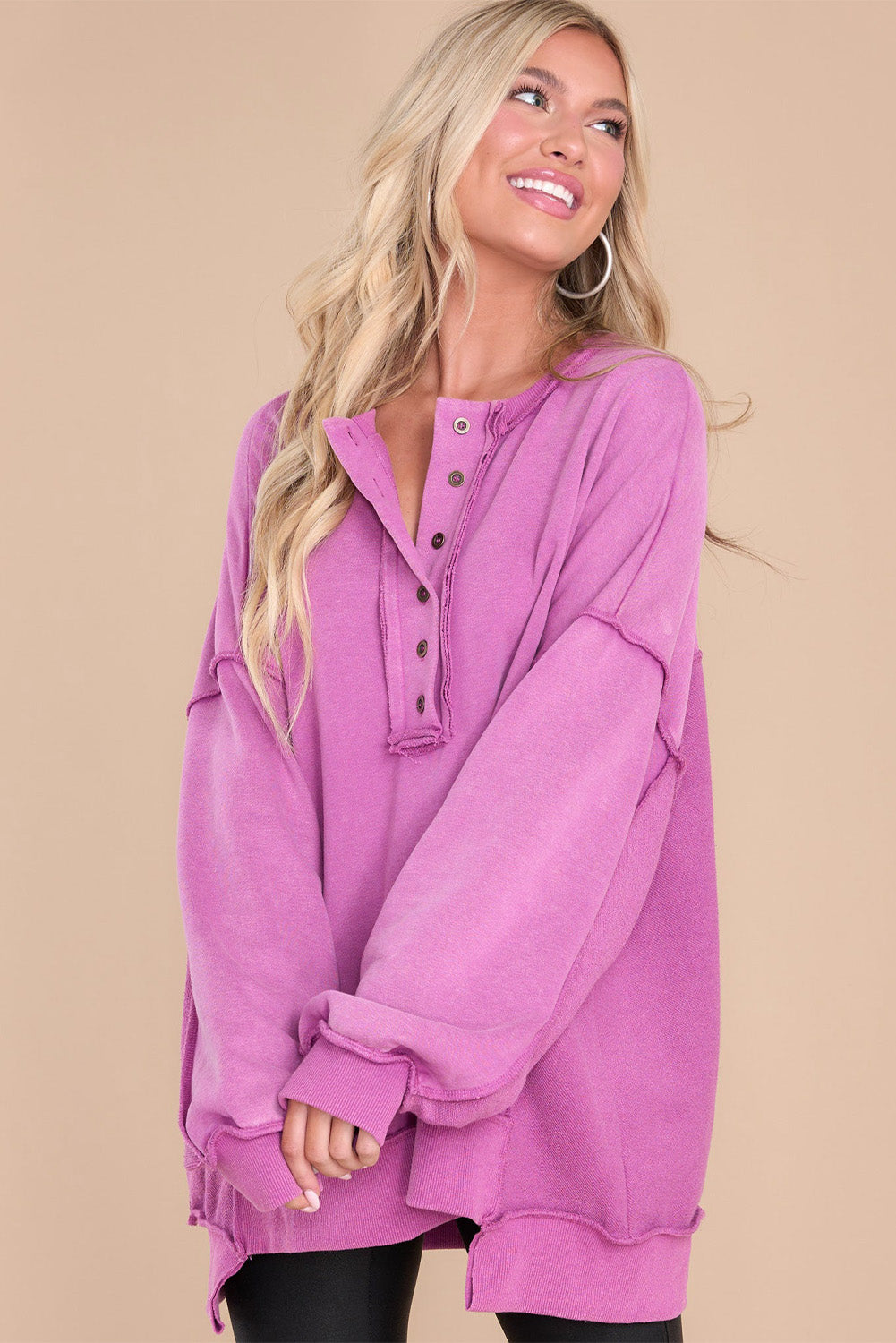 Purple Oversized Exposed Seam Henley Sweatshirt-Tops-MomFashion