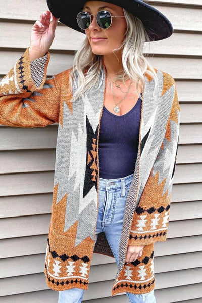 Gold Flame Aztec Graphic Open-Front Cardigan-Tops-MomFashion