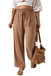 Brown Drawstring Elastic Waist Casual Wide Leg Pants-Bottoms-MomFashion