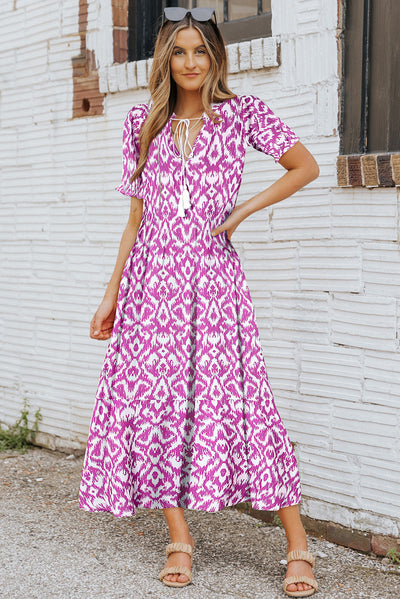 Pink V Neck Casual Geometric Print Maxi Dress-Dresses-MomFashion