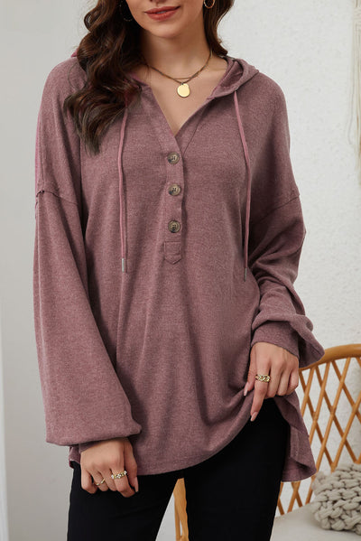 Buttoned High and Low Hem Hoodie-Tops-MomFashion