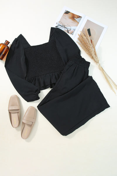 Black Square Neck Smocked Peplum Top and Pants Set-Loungewear-MomFashion