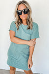 Blue Striped Ribbed Knit T-shirt Shift Dress-Dresses-MomFashion