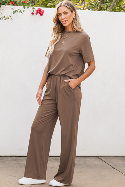 Smoke Gray Solid Color T Shirt 2pcs Wide Leg Pants Set-Two Piece Sets/Pant Sets-MomFashion